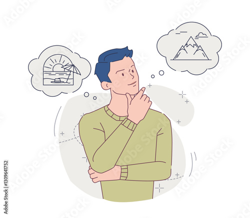 Person thinking about lifestyle items. Young thoughtful man dreams of material values, travel and vacations. Financial planning. Flat outline vector illustration isolated on background