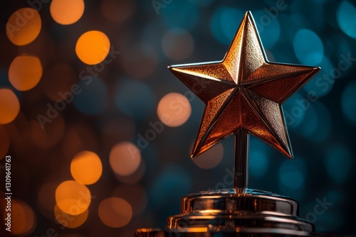 Close-up of golden star award with abstract bokeh light background