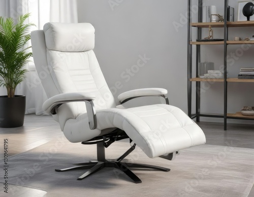 White leather recliner chair with adjustable headrest, reclining, adjustable