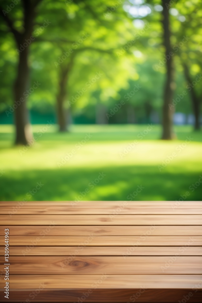 there is a wooden table with a blurry background of trees there is a wooden table with a blurry background of trees