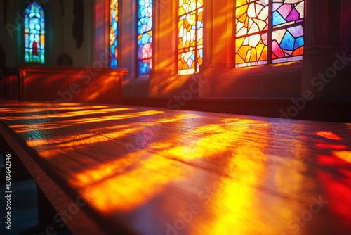 Stained glass window casting colorful light on empty church pew