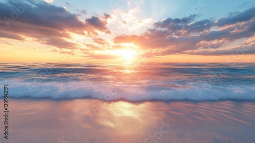 Tranquil Sunset Over Serene Beach with Gentle Waves and Reflection photo