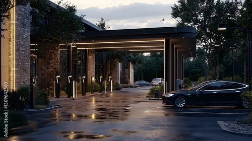 Luxurious hotel entrance featuring dedicated electric vehicle valet charging stations creating a modern eco friendly and technology driven arrival experience for guests