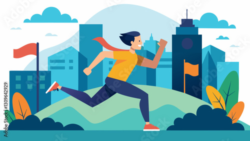 The runner finishes their run with a sense of accomplishment having conquered the virtual city and experienced the thrill of urban exploration in a. Vector illustration