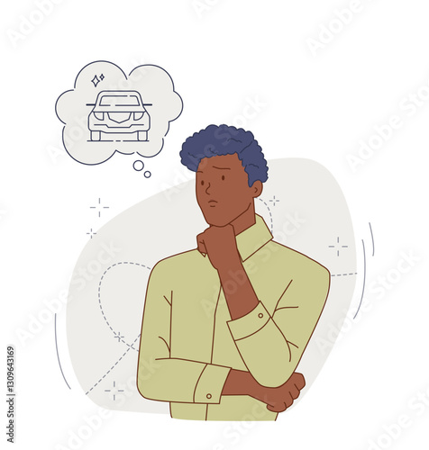 Person thinking about lifestyle items. Young pensive man dreams of car or vehicle. Material values. Financial Literacy and Budgeting. Flat outline vector illustration isolated on background