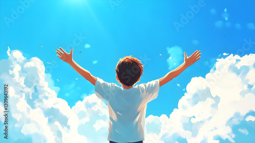 Child with outstretched arms enjoying a bright blue sky filled with fluffy clouds on a sunny day