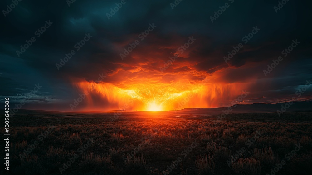 Obraz premium Fiery Sunset Rain Dramatic Landscape Scene