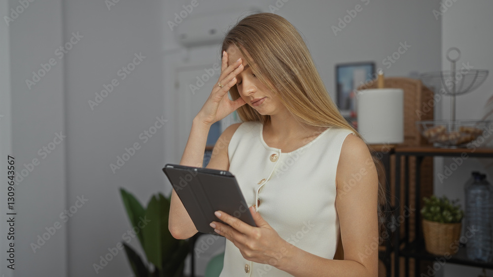 Woman in office holding tablet looks stressed as she stands near bookshelf wearing white top maintaining focus on screen showcasing workplace environment indoors. Woman in office holding tablet looks stressed as she stands near bookshelf wearing white top maintaining focus on screen showcasing workplace environment indoors.