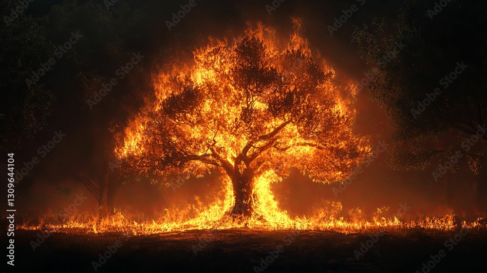 Fiery Tree Inferno Consumes Forest Night Fiery Tree Inferno Consumes Forest Night