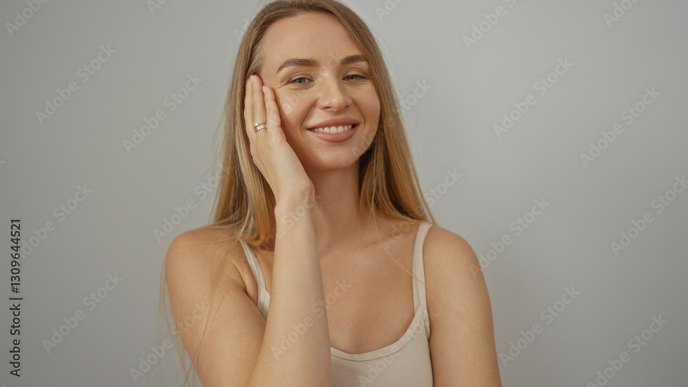 Woman smiling confidently with hand on face, exuding beauty and charm against a white background, showcasing her blonde hair and youthful elegance. Woman smiling confidently with hand on face, exuding beauty and charm against a white background, showcasing her blonde hair and youthful elegance.