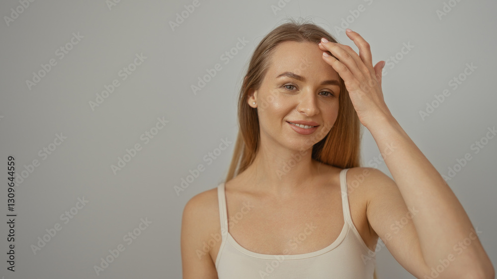 Woman smiling confidently over isolated white background, showcasing her blonde hair and beauty in a casual tank top, radiating attractive and natural style. Woman smiling confidently over isolated white background, showcasing her blonde hair and beauty in a casual tank top, radiating attractive and natural style.