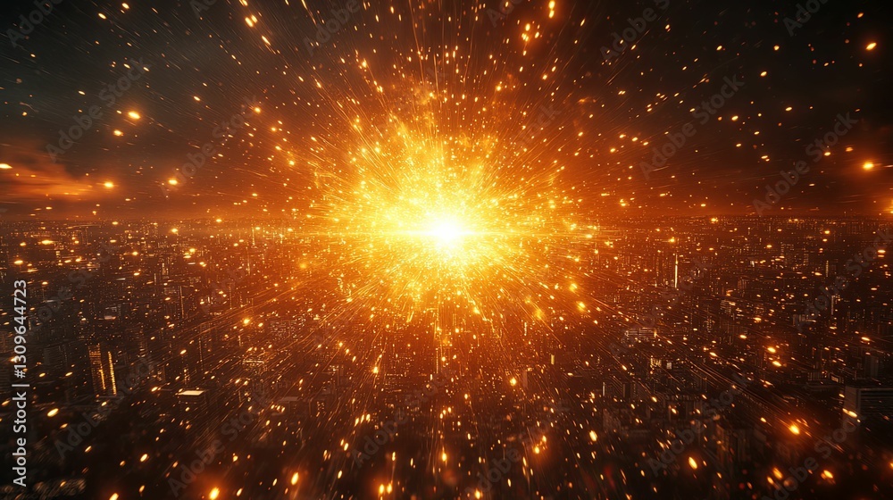 Fototapeta premium Fiery Explosion Over Illuminated Cityscape At Night