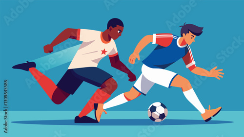 A determined defender relentlessly pursues an attacker stripping the ball and securing possession for their team.. Vector illustration