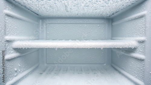 Frost buildup inside freezer, showcasing ice and condensation on surfaces