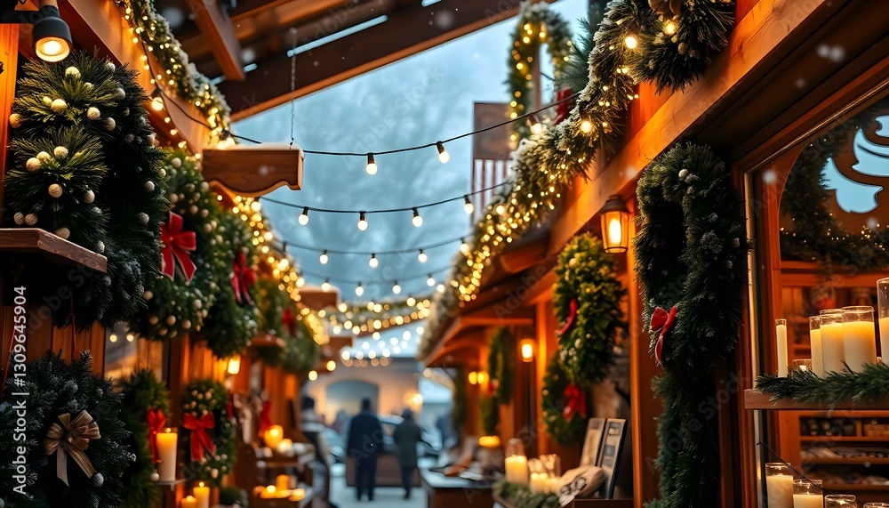 Obraz premium a street with christmas decorations and lights on it