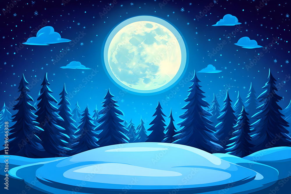 Naklejka premium Winter Night Forest Illustration: Full Moon, Snow, and Pines