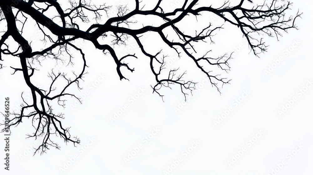 Obraz premium Skeletal Branches Reaching for Light - A silhouette of bare tree branches against a white background. Symbolizing resilience, growth, winter, nature's cycle, and reaching for hope