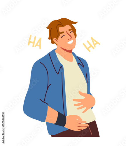 Happy person showing hand gestures. Smiling young man holding his stomach and laughing at joke. Character expresses positive emotions and feelings. Flat vector illustration isolated on background