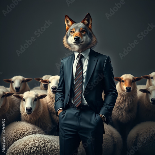 A corporate betrayal concept with a wolf in a suit standing confidently among a group of sheep capturing the essence of hidden agendas in business.