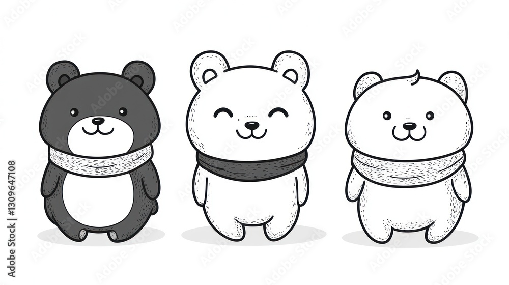 Adorable illustrated bears wearing scarves in a cute and friendly manner Adorable illustrated bears wearing scarves in a cute and friendly manner