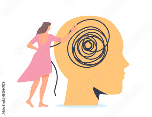 Mental health. Happy woman with healthy mindset. Young girl unravels tangle in her mind. Psychotherapy, self acceptance and wellbeing. Flat vector illustration isolated on white background