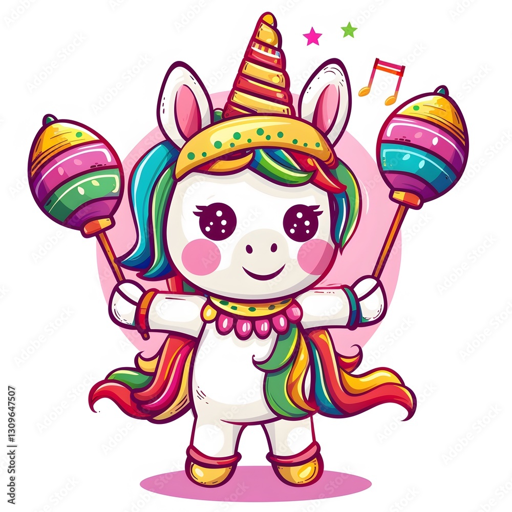 Naklejka premium Cute Colorful Unicorn with Joyful Expression and Party Decorations