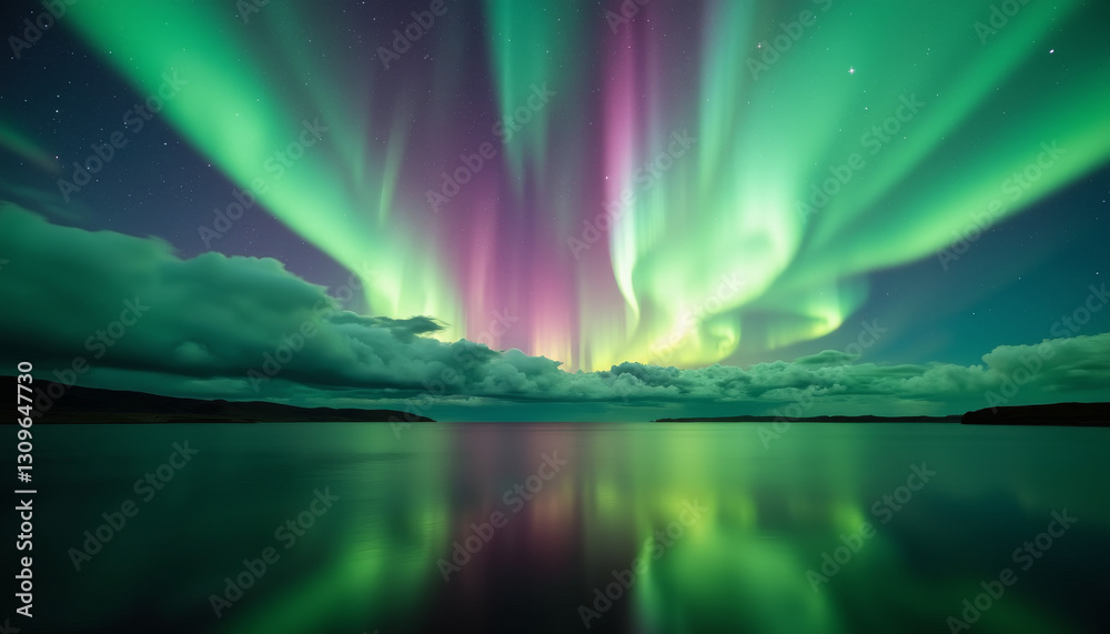 Fototapeta premium Vibrant aurora borealis lighting up sky over still water, natural beauty