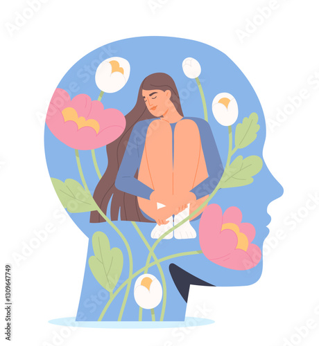 Mental health. Young girl with blooming flowers in her mind. Happy woman with healthy mindset. Self love, self acceptance and psychotherapy. Flat vector illustration isolated on white background