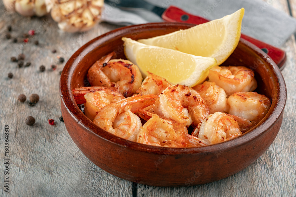 Grilled Prawns shrimps with garlic and lemon in a ceramic bowl on a wooden background. Close-up