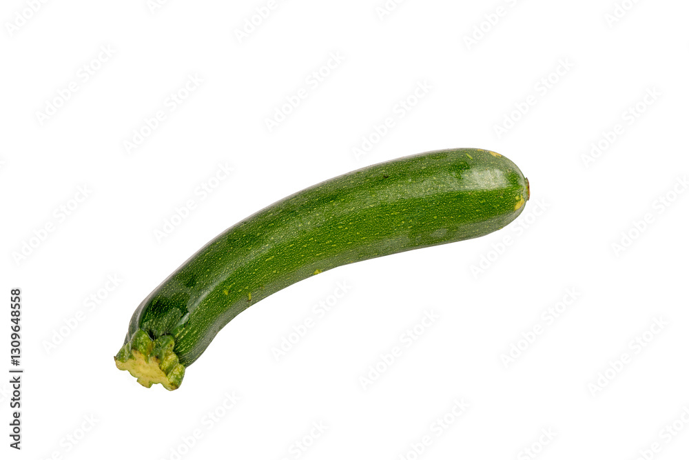 A green zucchini is shown on a white background. It is long and slender. The zucchini is fresh and ready to be eaten A green zucchini is shown on a white background. It is long and slender. The zucchini is fresh and ready to be eaten