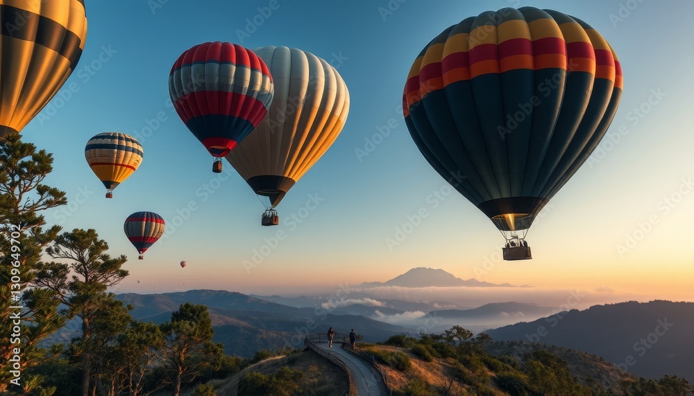 Obraz premium Colorful Hot Air Balloons Floating Over Majestic Mountain Landscape