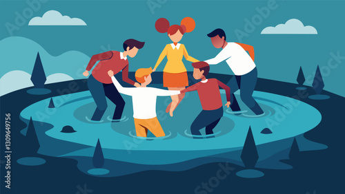 A group of friends wading through a murky water pit united in their determination to complete the race as a team.. Vector illustration