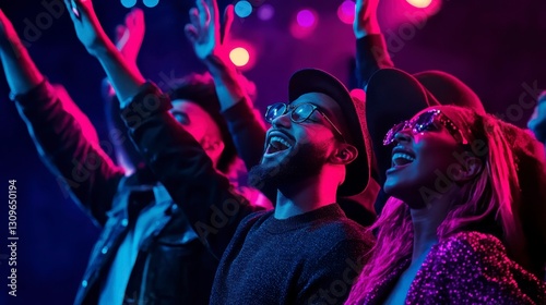 Music Festival Attendees concept Vibrant concert scene with enthusiastic audience enjoying the performance under colorful lights. photo