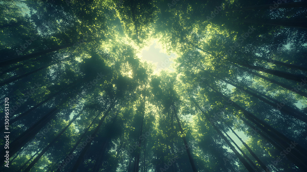 Fototapeta premium Majestic forest canopy viewed from below, sunlight filtering through leaves, creating a serene and peaceful atmosphere.