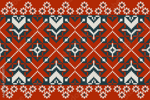 Traditional pixel art embroidery, ethnic geometric patterns