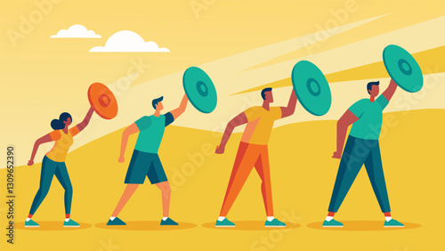 A group of discus throwers line up their discus discs gleaming in the sunlight as they prepare to launch them into the distance.. Vector illustration