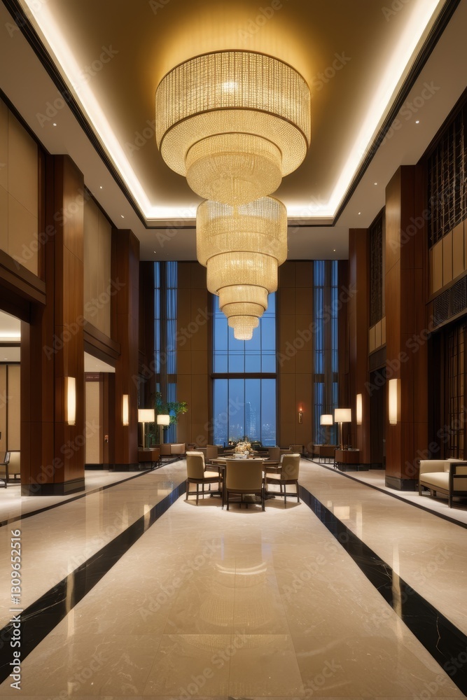Obraz premium arafed view of a large lobby with a chandelier and a table