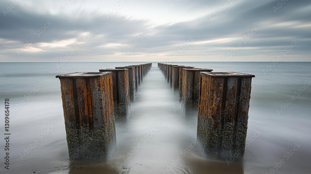 A long steel piling wall stretches into the calm ocean, surrounded by soft waves under a cloudy sky during twilight hours A long steel piling wall stretches into the calm ocean, surrounded by soft waves under a cloudy sky during twilight hours