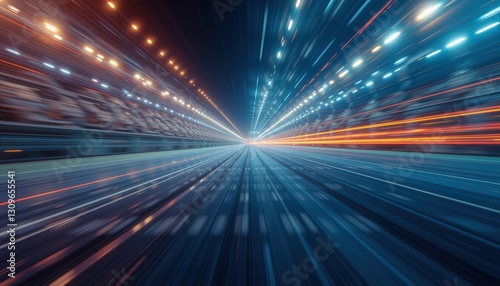  Speed motion blur of a yellow tennis ball on a blue court with bright lights