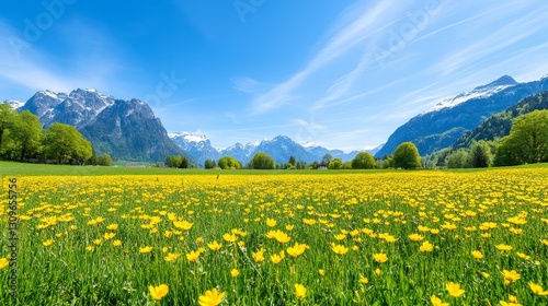 Vibrant Yellow Flowers Meadow Mountain Landscape - Serene landscape of a vibrant yellow flower field stretching to snow-capped mountains under a clear blue sky. Symbolizes peace, tranquility