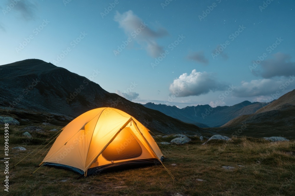 Glowing tent in the mountains during dusk with a stunning view of the surrounding peaks and sky Glowing tent in the mountains during dusk with a stunning view of the surrounding peaks and sky
