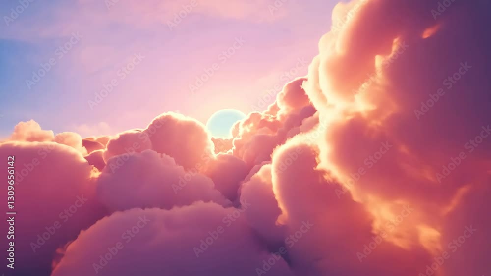 floating through the pink sky with fluffy clouds and sun