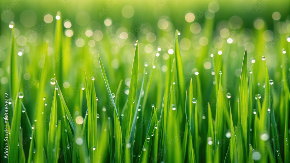 Fototapeta premium Fresh morning dew forming on green grass blades, creating serene atmosphere