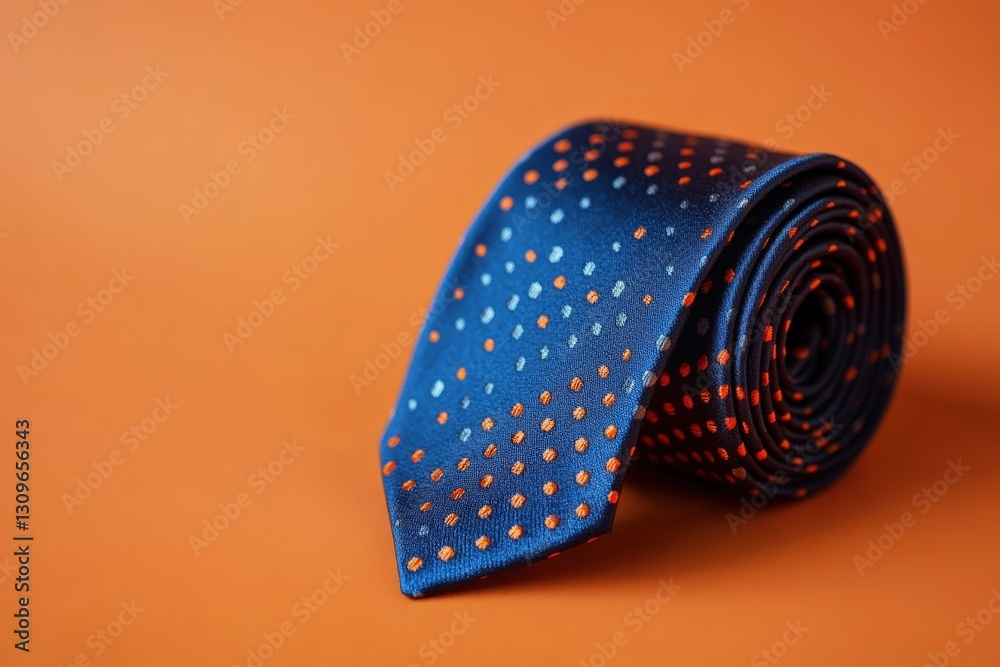 A rolled blue tie with orange and blue polka dots A rolled blue tie with orange and blue polka dots