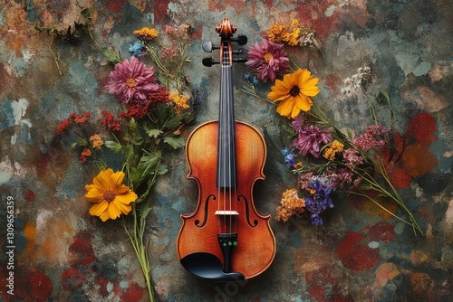 Violin and Wildflowers - A violin rests amidst a vibrant bouquet of wildflowers on a textured background. The evokes a feeling of artistry and nature's beauty
