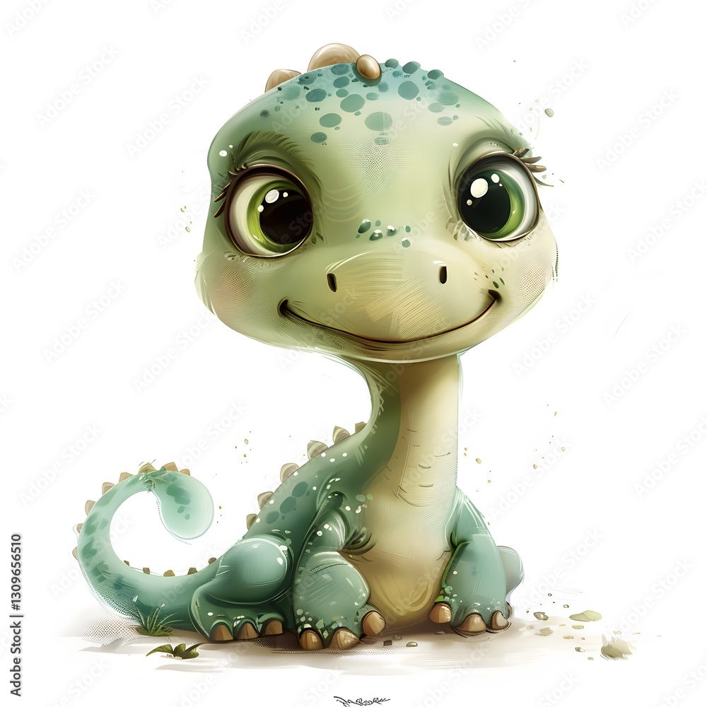 Fototapeta premium Cute Cartoon Baby Dinosaur with Big Eyes and Friendly Smile