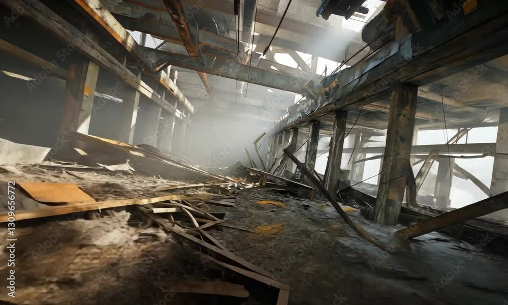 Abandoned industrial space with debris, beams, and sunlight filtering through broken windows Abandoned industrial space with debris, beams, and sunlight filtering through broken windows
