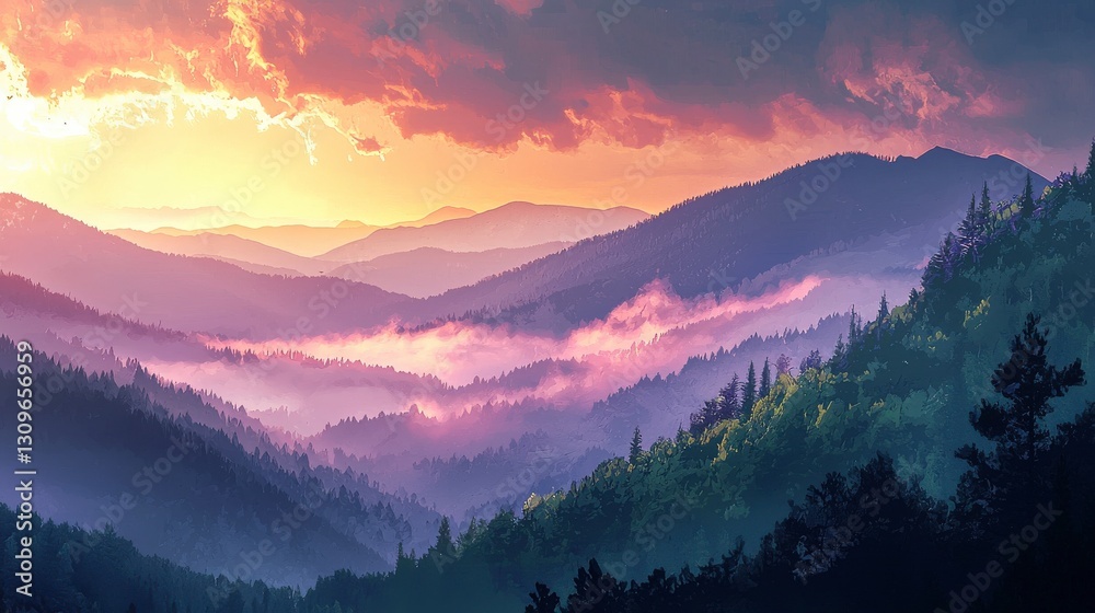 Layered mountains under vibrant sunset with mist rising Layered mountains under vibrant sunset with mist rising