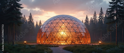 Illuminated geodesic dome in forest at twilight. Breathtaking nature view. Dome surrounded by trees, clear sky, stars. Unique modern design eco-friendly. Tranquil scene evokes peaceful serene mood at