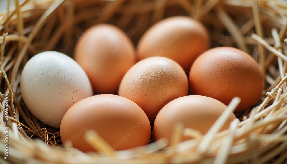Fresh farm eggs nestled in straw nest, nature's bounty Fresh farm eggs nestled in straw nest, nature's bounty